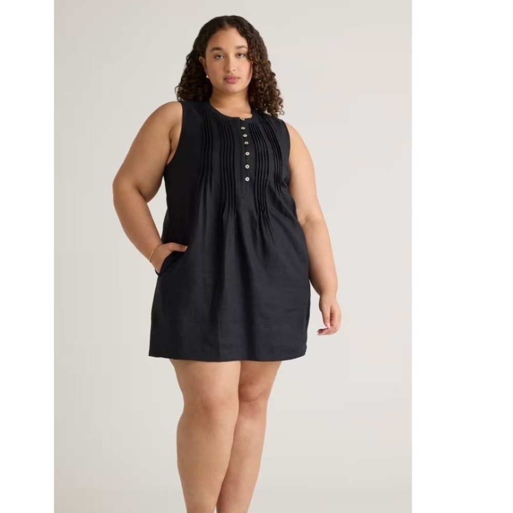 Quince Dress Womens 2X Black Linen Henley Sleeveless Trapeze Swing Pockets